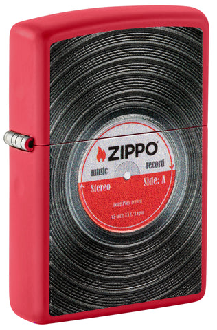 Front shot of ˫ Vinyl Record Texture Print Red Matte Windproof Lighter standing at a 3/4 angle.
